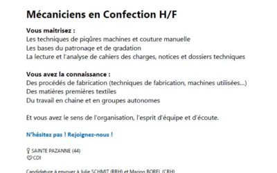 Recrutement Mécanicien.ne en Confection